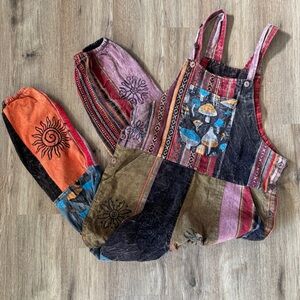 Rising International Cotton Patchwork Mushroom Overalls SMALL